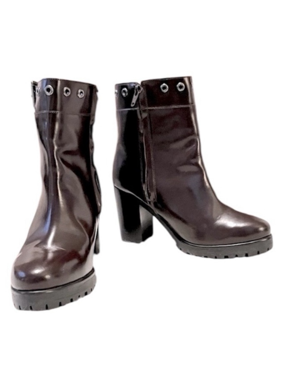 Pollini Women’s Burgundy Oxblood Leather Platform Heel Buckle High Ankle Boots 7